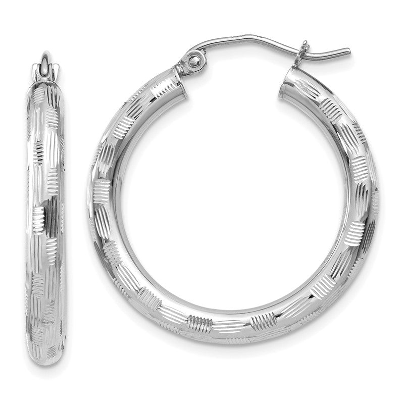 14k White Gold 3x20mm Diamond-cut Tube Hoop Earrings TF623