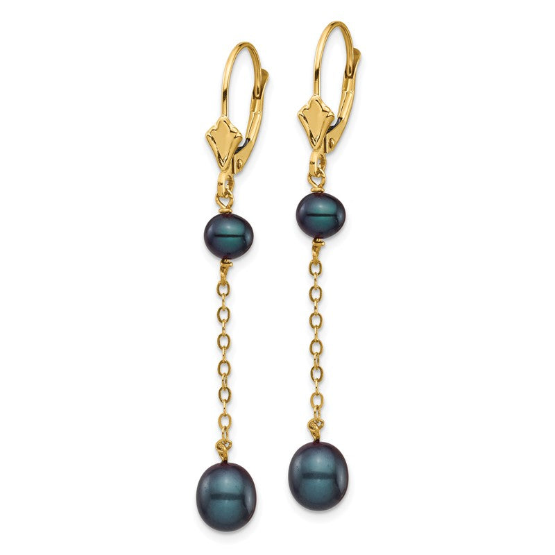 14k 5-7mm Black Rice and Semi-Round Freshwater Cultured Pearl Chain Dangle Leverback Earrings XF721E