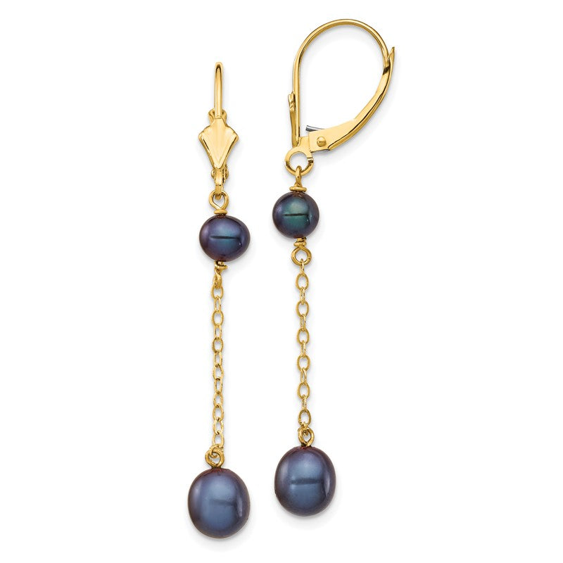 14k 5-7mm Black Rice and Semi-Round Freshwater Cultured Pearl Chain Dangle Leverback Earrings XF721E