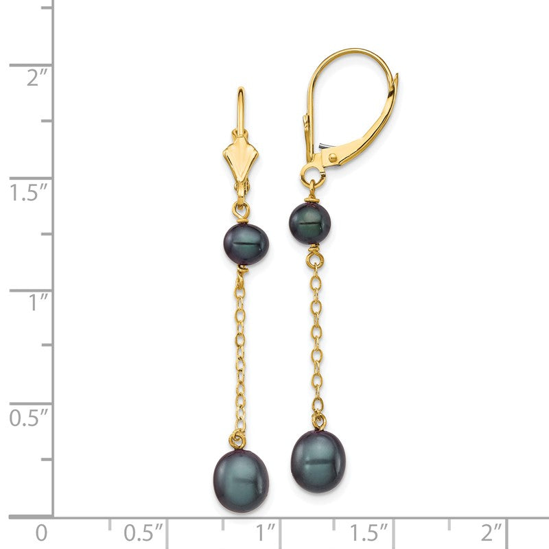 14k 5-7mm Black Rice and Semi-Round Freshwater Cultured Pearl Chain Dangle Leverback Earrings XF721E