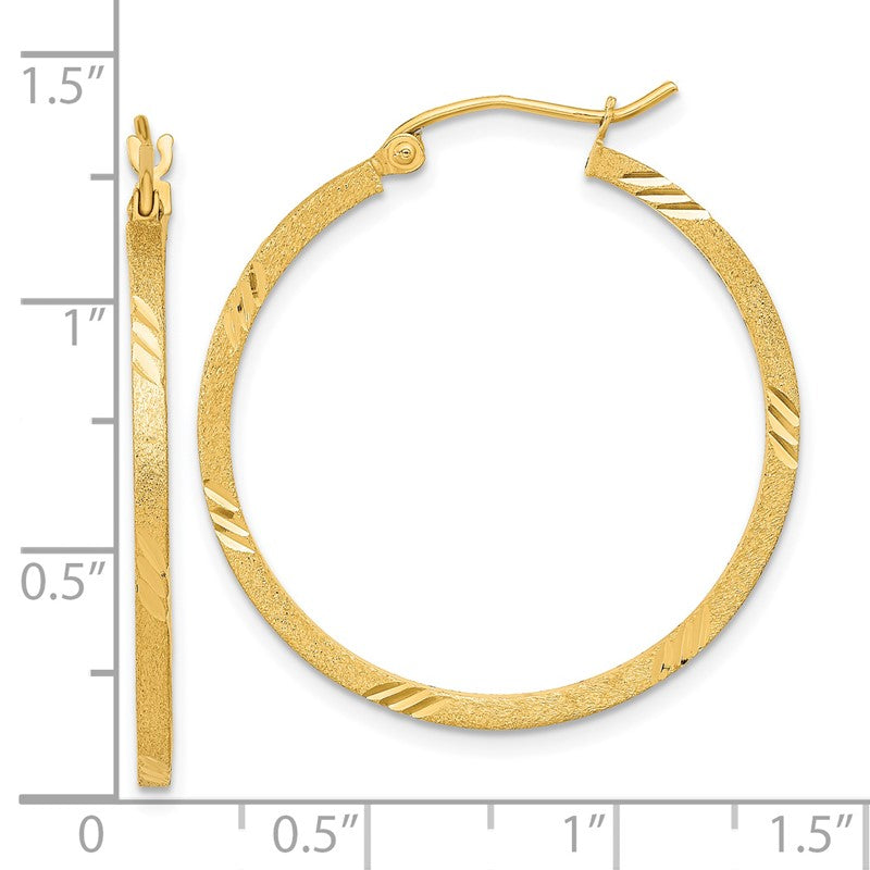 14k 1.75x30mm Satin Diamond-cut Square Tube Hoop Earrings TF1089