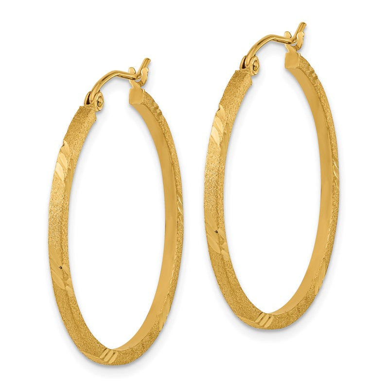14k 1.75x30mm Satin Diamond-cut Square Tube Hoop Earrings TF1089