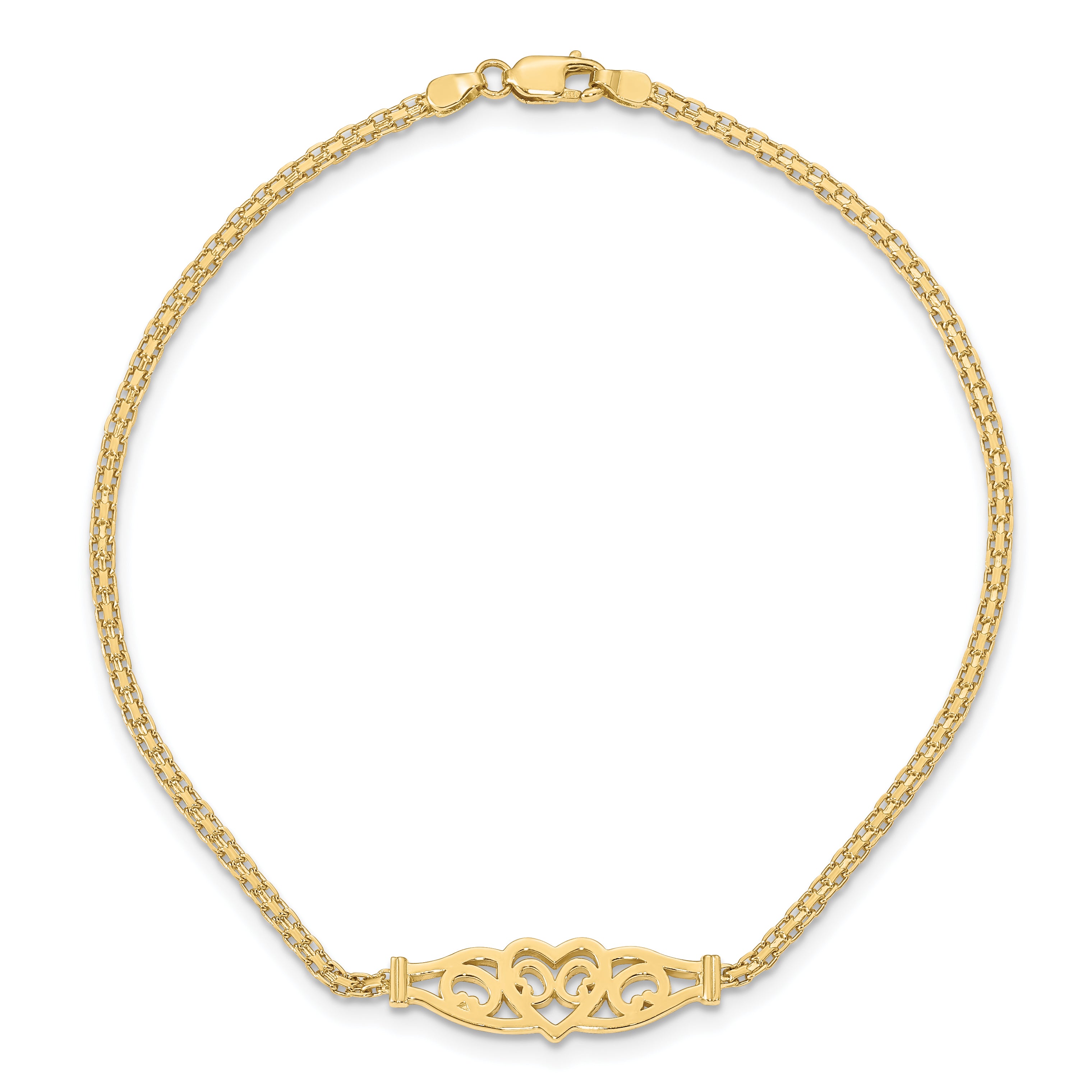 14k Polished Filigree Heart and Bismark Chain 10 inch Anklet ANK33
