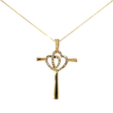 10K Yellow Gold Cross with Two Hearts Necklace (0.18 TWT)