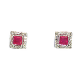 14K White Gold Princess Ruby Diamond stud Earrings