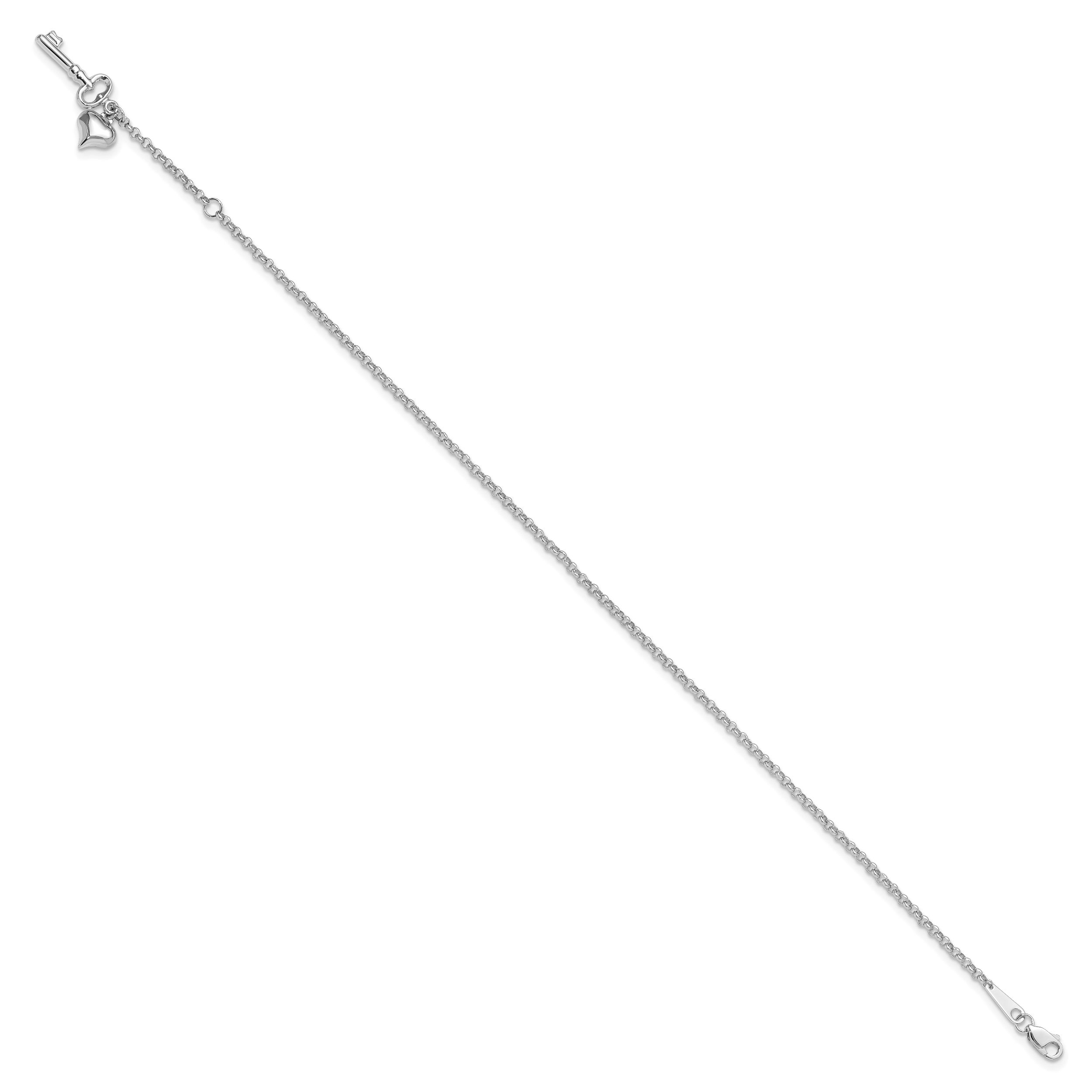14k White Gold Cable Chain with Puffed Heart and Key Dangle 9 inch Plus 1 inch Extender - Total 10 inch Anklet ANK45
