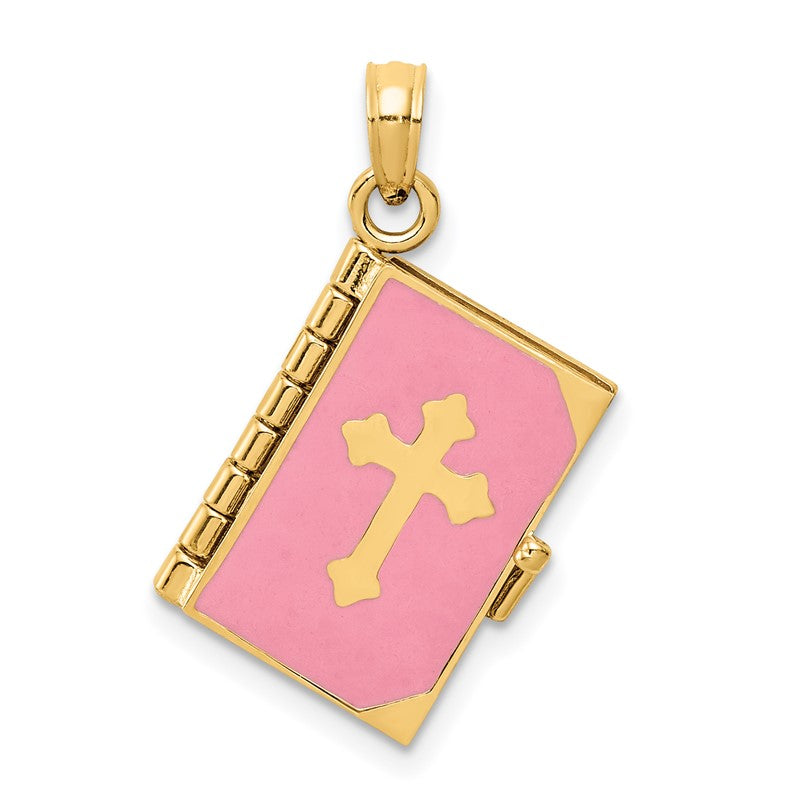 14K Pink Enameled 3-D Bible with Lord's Prayer and Moveable Pages Pendant REL154
