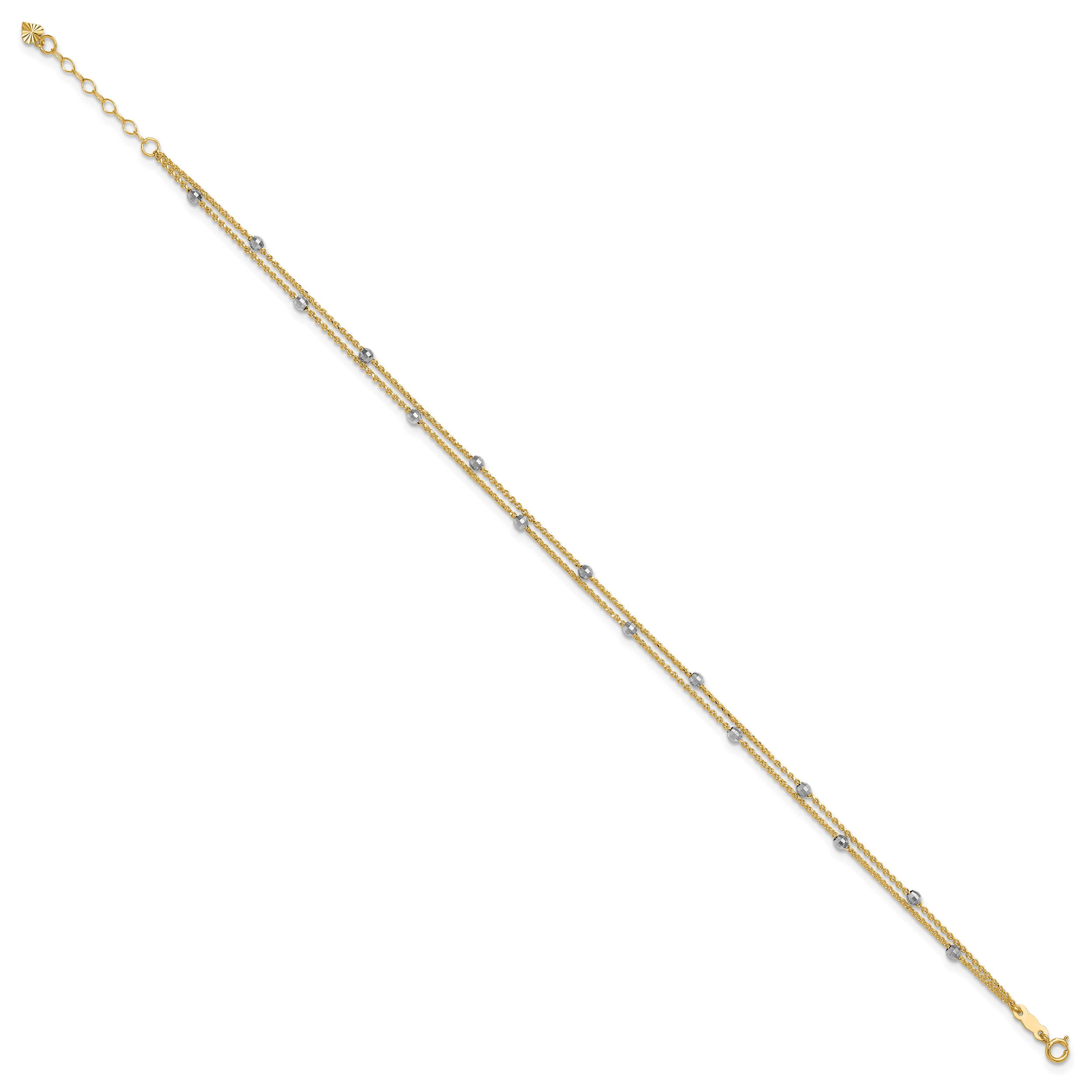 14K Two-tone 2-Strand Chain with Mirror Beads 9 inch Plus 1 inch Extender - Total 10 inch Anklet ANK241