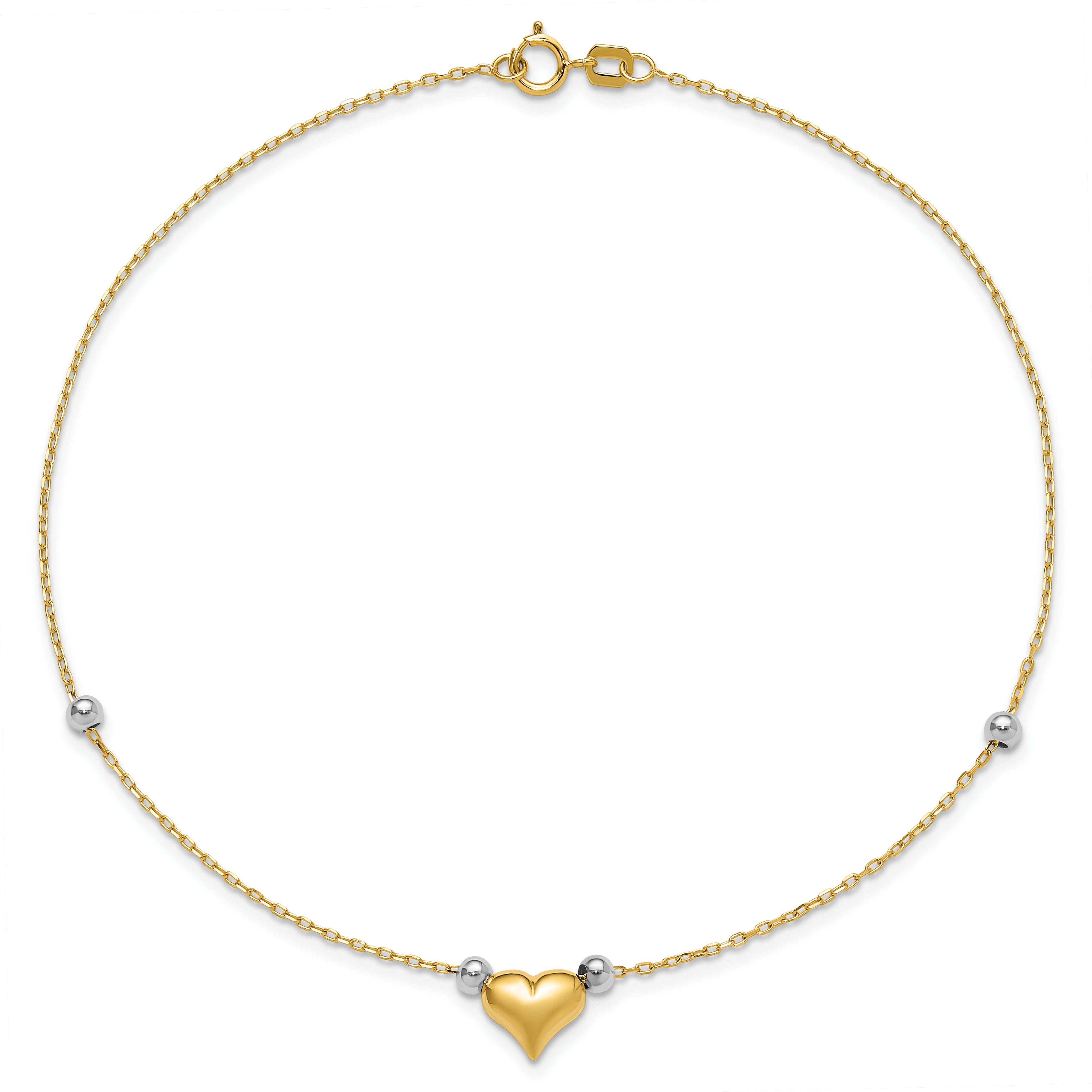 14k Two-tone Polished Puffed Heart with Beads 10 inch Anklet ANK48