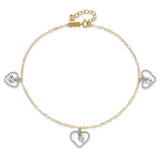 14K Two-tone Twisted Diamond-cut 3 Heart Dangles 9 inch Plus 1 inch Extender - Total 10 inch Anklet ANK258