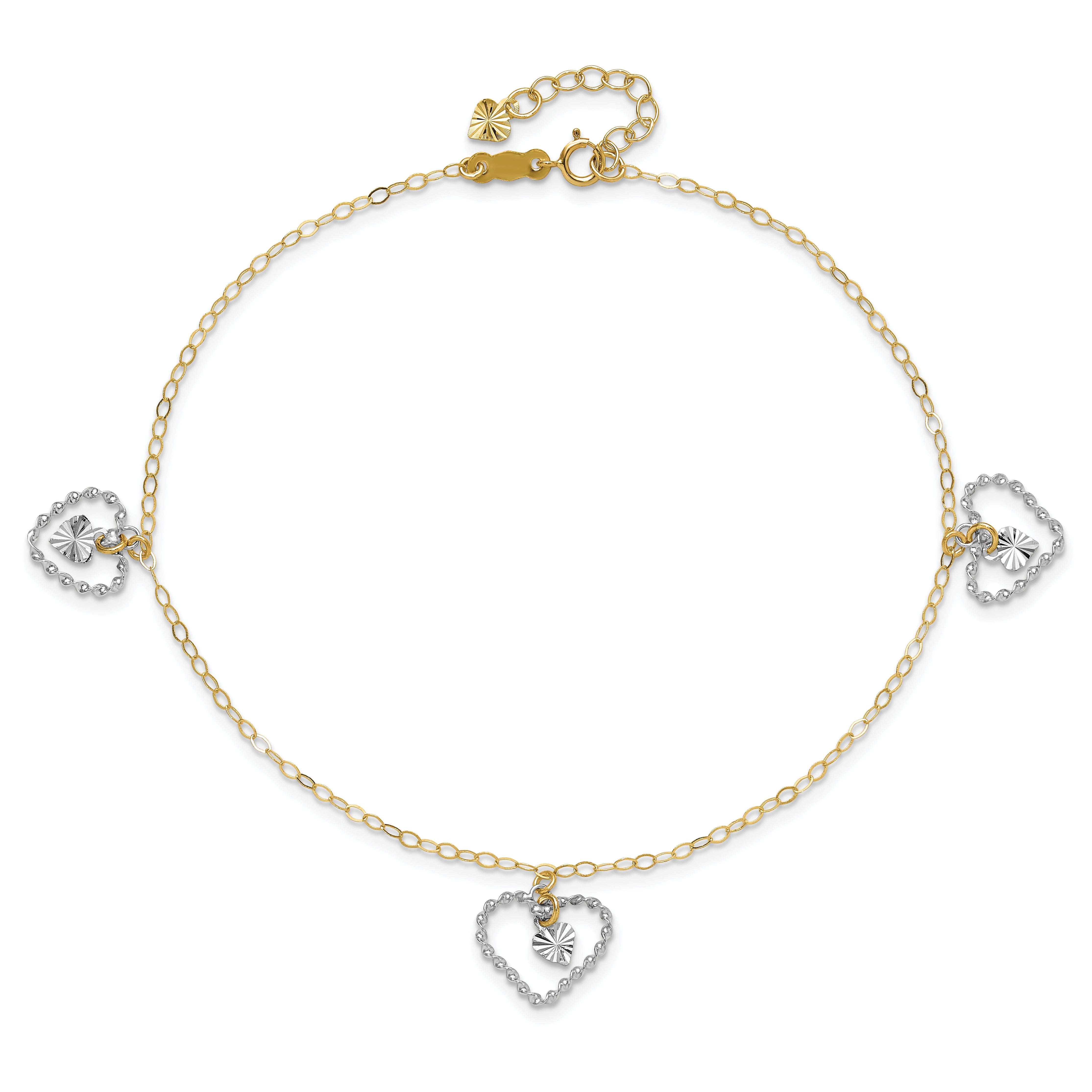 14K Two-tone Twisted Diamond-cut 3 Heart Dangles 9 inch Plus 1 inch Extender - Total 10 inch Anklet ANK258