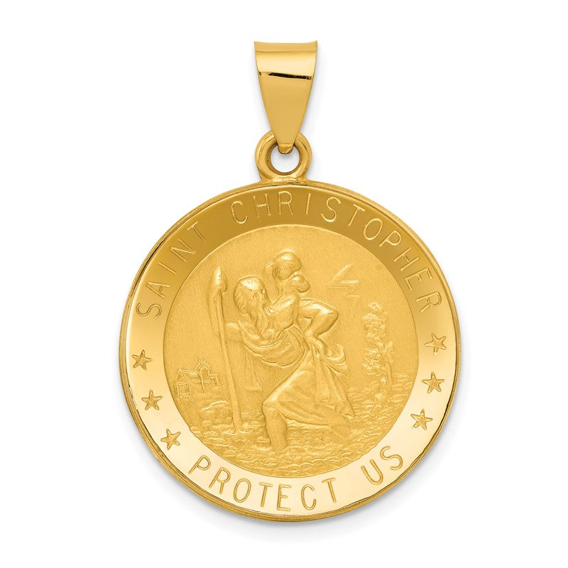 14k Polished and Satin Hollow Saint Christopher Medal Round Pendant REL137