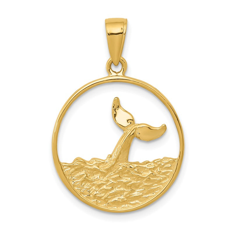 14k Whale Tail in Circle with Waves Pendant C3429