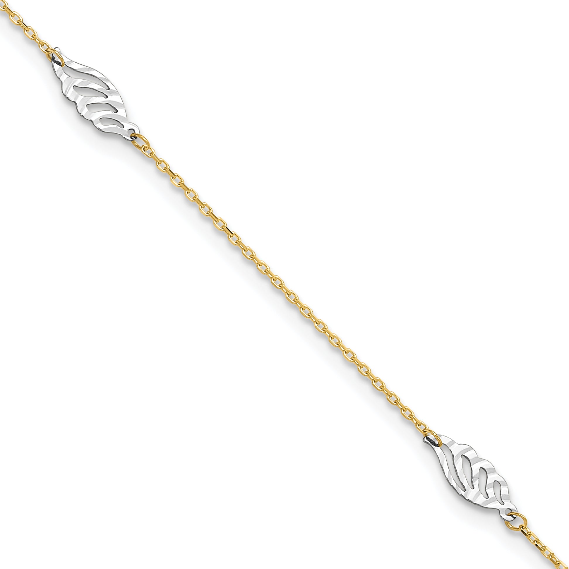 14K Two-Tone Diamond-cut Leaf 4-Station 9 inch Plus 1 inch Extender - Total 10 inch Anklet ANK281
