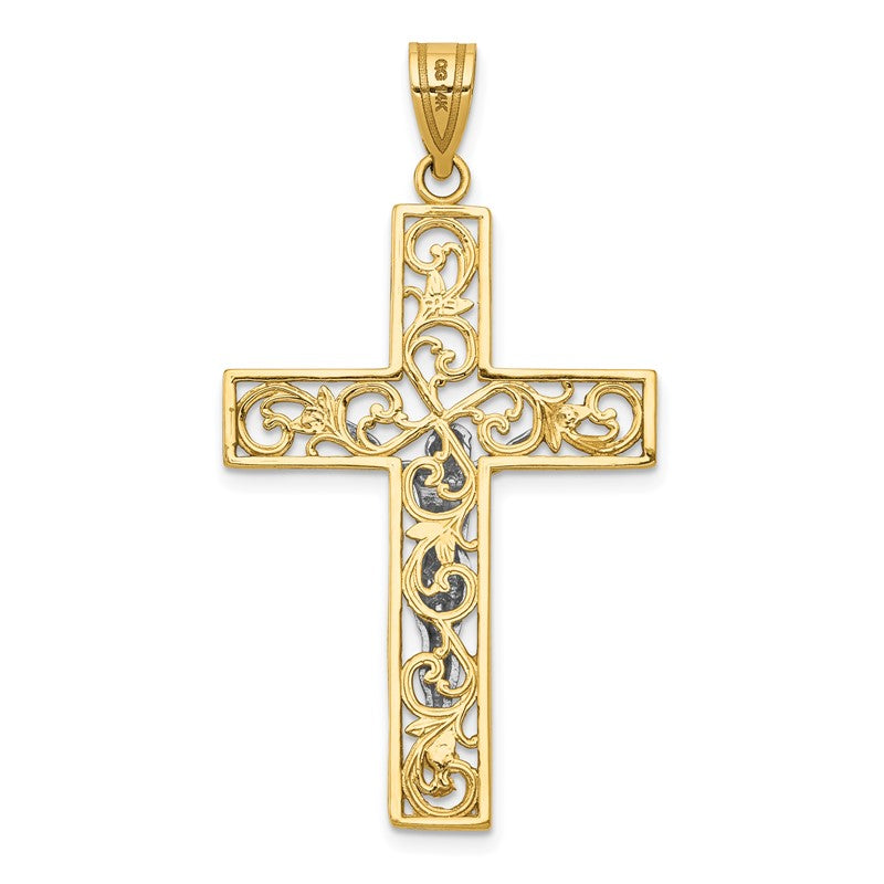 14K Two-Tone Diamond-cut Large Filigree Crucifix Pendant C4394