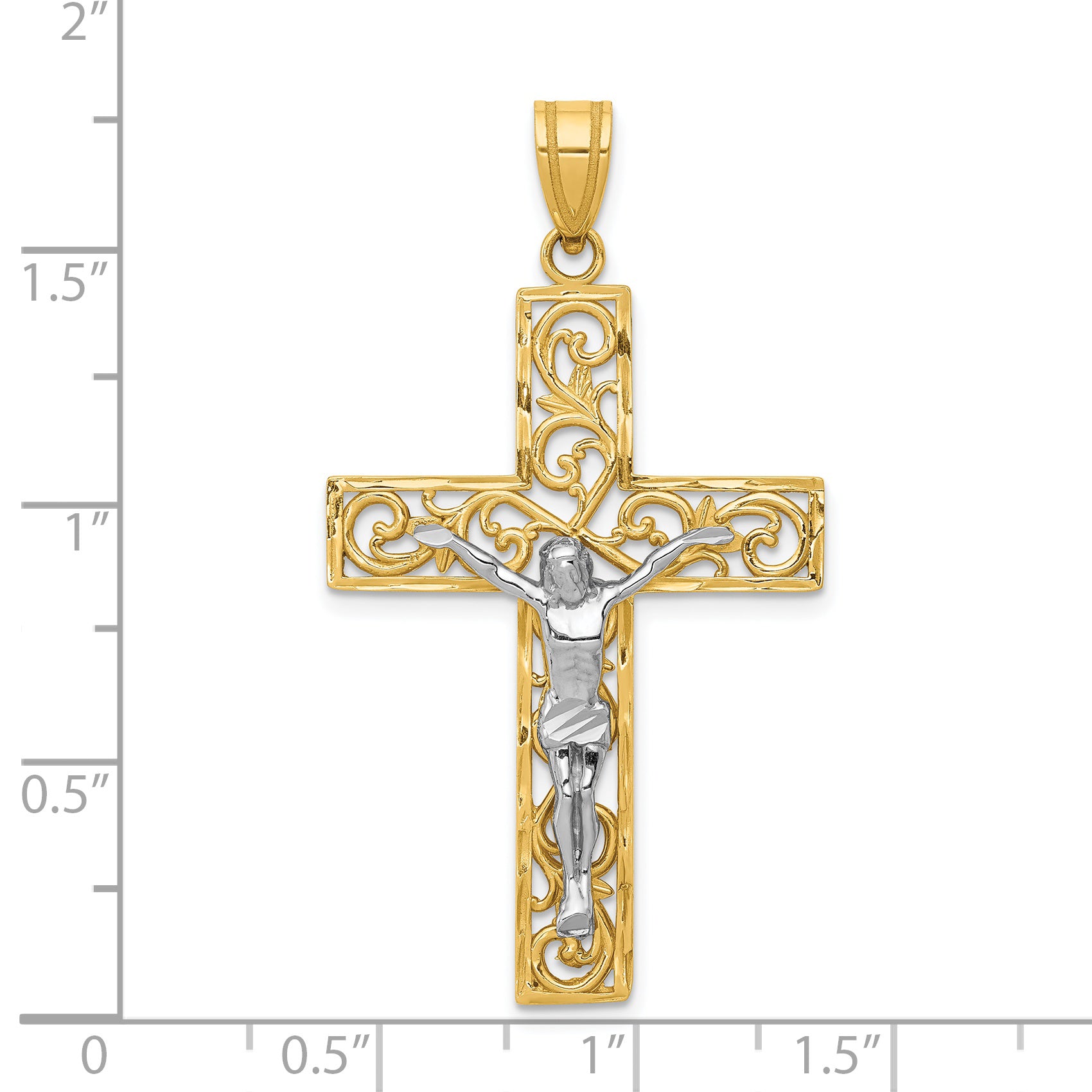 14K Two-Tone Diamond-cut Large Filigree Crucifix Pendant C4394