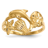 14k Polished and Satin Diamond-cut Dolphin/Starfish/Shell/Sand Dollar Ring R597