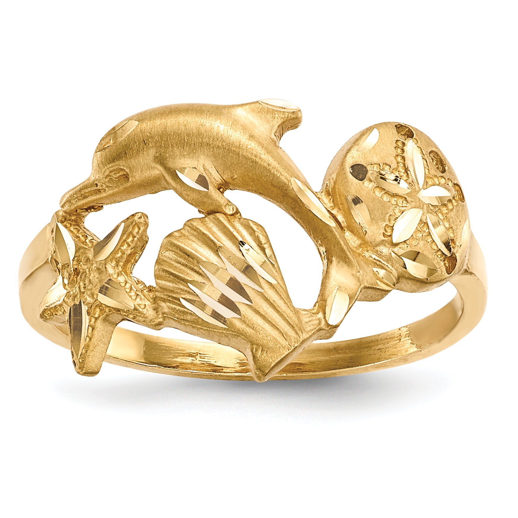 14k Polished and Satin Diamond-cut Dolphin/Starfish/Shell/Sand Dollar Ring R597