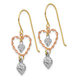 14k Tri-color Diamond-cut Heart Dangle French Hook Earrings TL966
