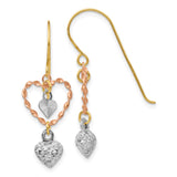 14k Tri-color Diamond-cut Heart Dangle French Hook Earrings TL966