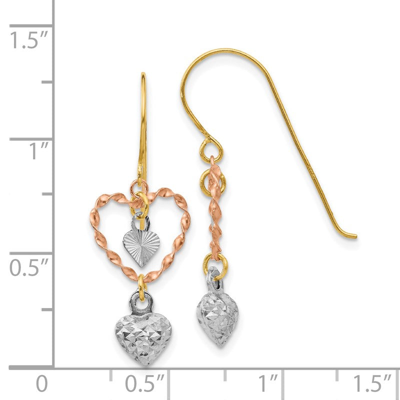 14k Tri-color Diamond-cut Heart Dangle French Hook Earrings TL966