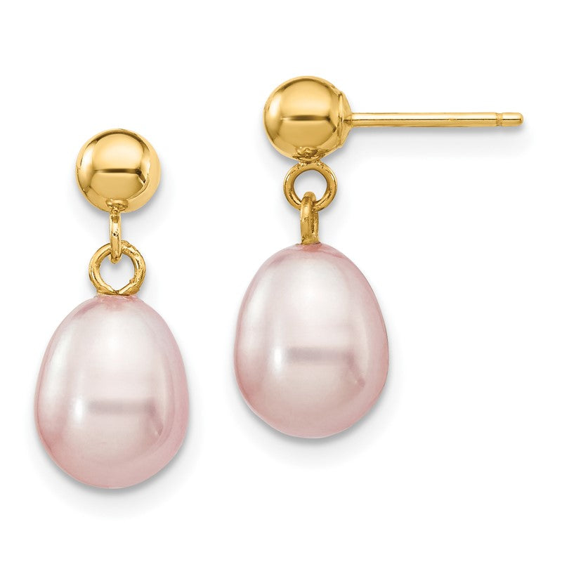 14k 7-8mm Purple Rice Freshwater Cultured Pearl Dangle Post Earrings XF279E