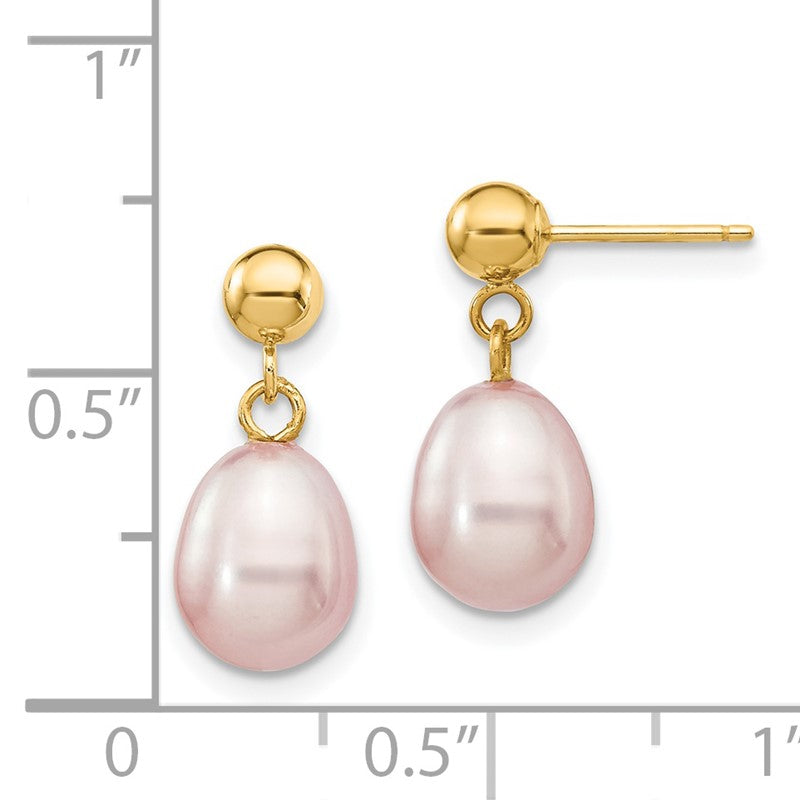 14k 7-8mm Purple Rice Freshwater Cultured Pearl Dangle Post Earrings XF279E