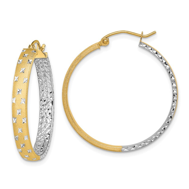 14k w/White Rhodium Polished Satin Diamond-cut In/Out Hoop Earrings TF1577