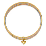 14K Tri-color Polished and Textured with Dangle Heart 7-Strand 11.00mm Slip-on Round Bangle Bracelet DB533
