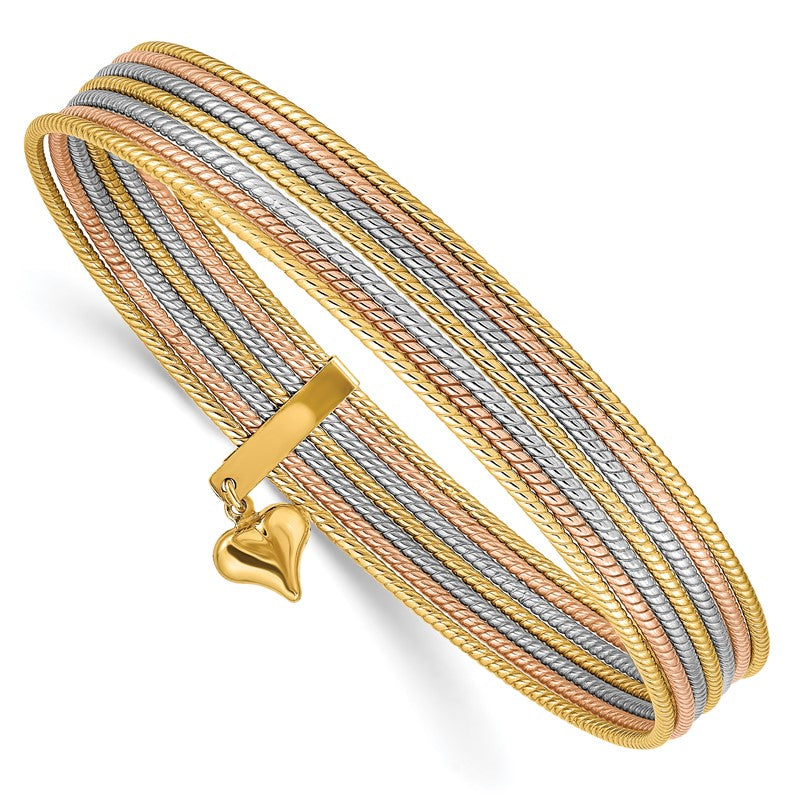 14K Tri-color Polished and Textured with Dangle Heart 7-Strand 11.00mm Slip-on Round Bangle Bracelet DB533