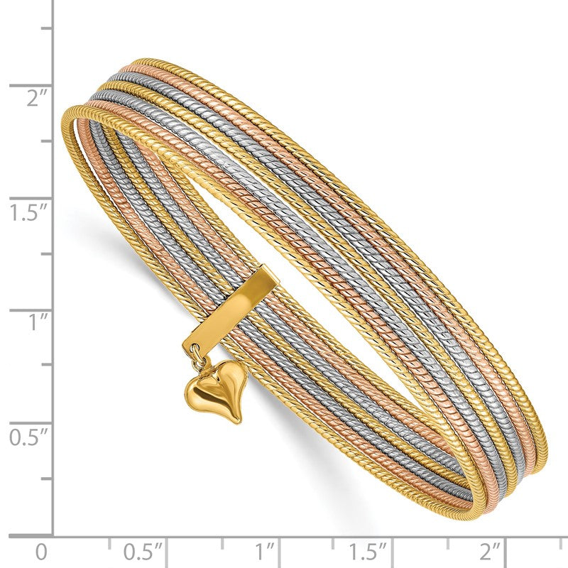 14K Tri-color Polished and Textured with Dangle Heart 7-Strand 11.00mm Slip-on Round Bangle Bracelet DB533