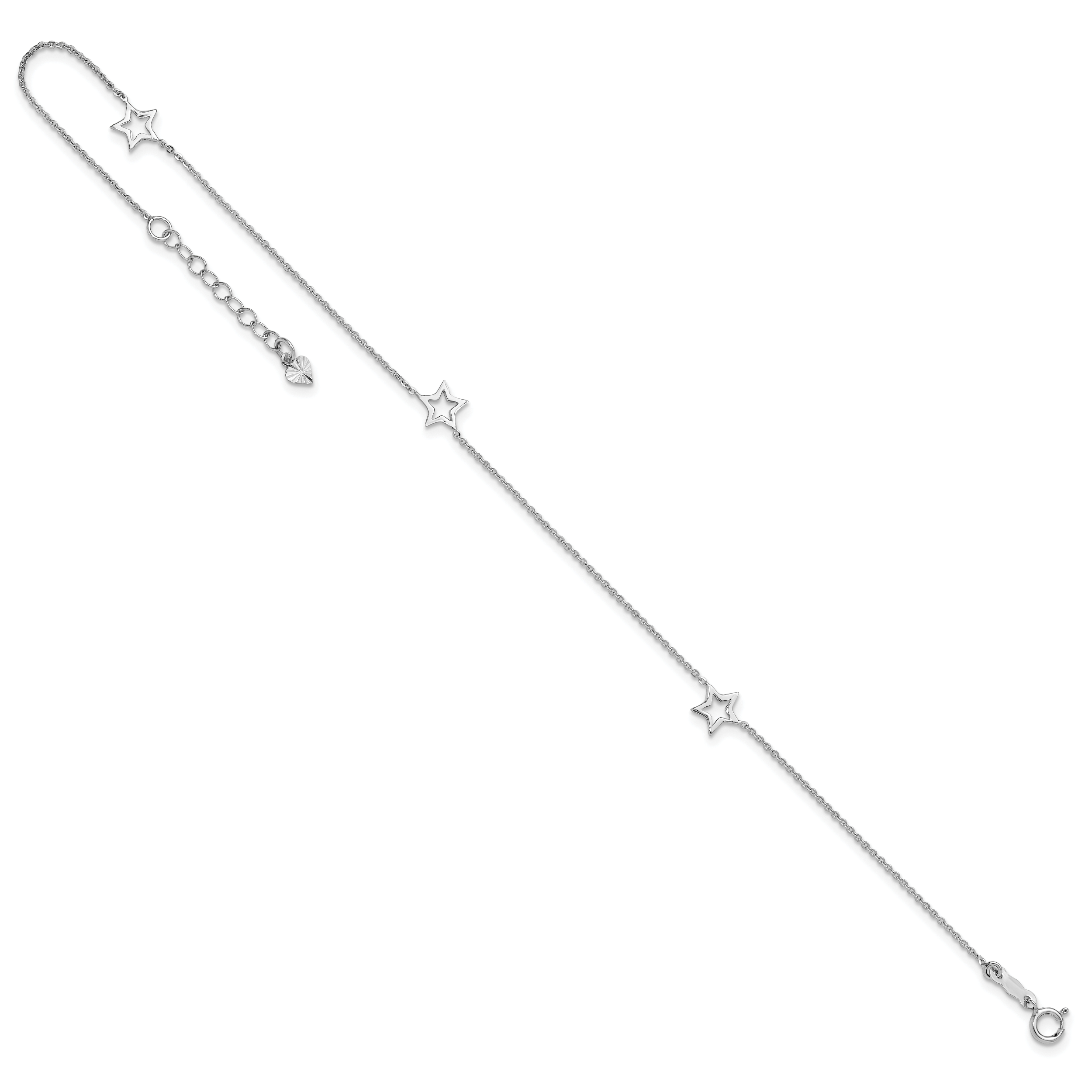 14K White Gold Open Star 3-Station 9 inch Plus 1 inch Extender - Total 10 inch Anklet ANK200