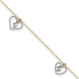 14K Two-tone Twisted Diamond-cut 3 Heart Dangles 9 inch Plus 1 inch Extender - Total 10 inch Anklet ANK258