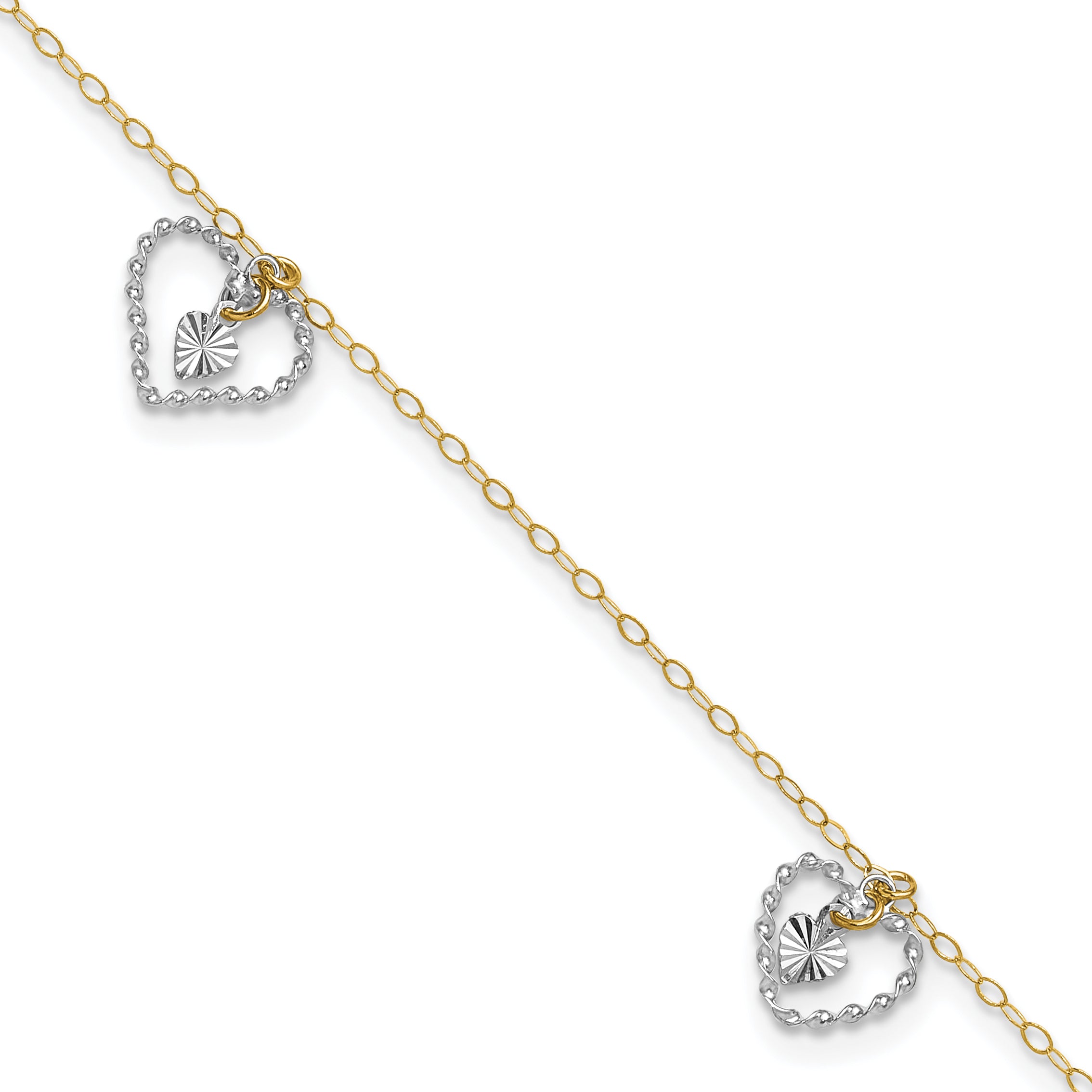 14K Two-tone Twisted Diamond-cut 3 Heart Dangles 9 inch Plus 1 inch Extender - Total 10 inch Anklet ANK258
