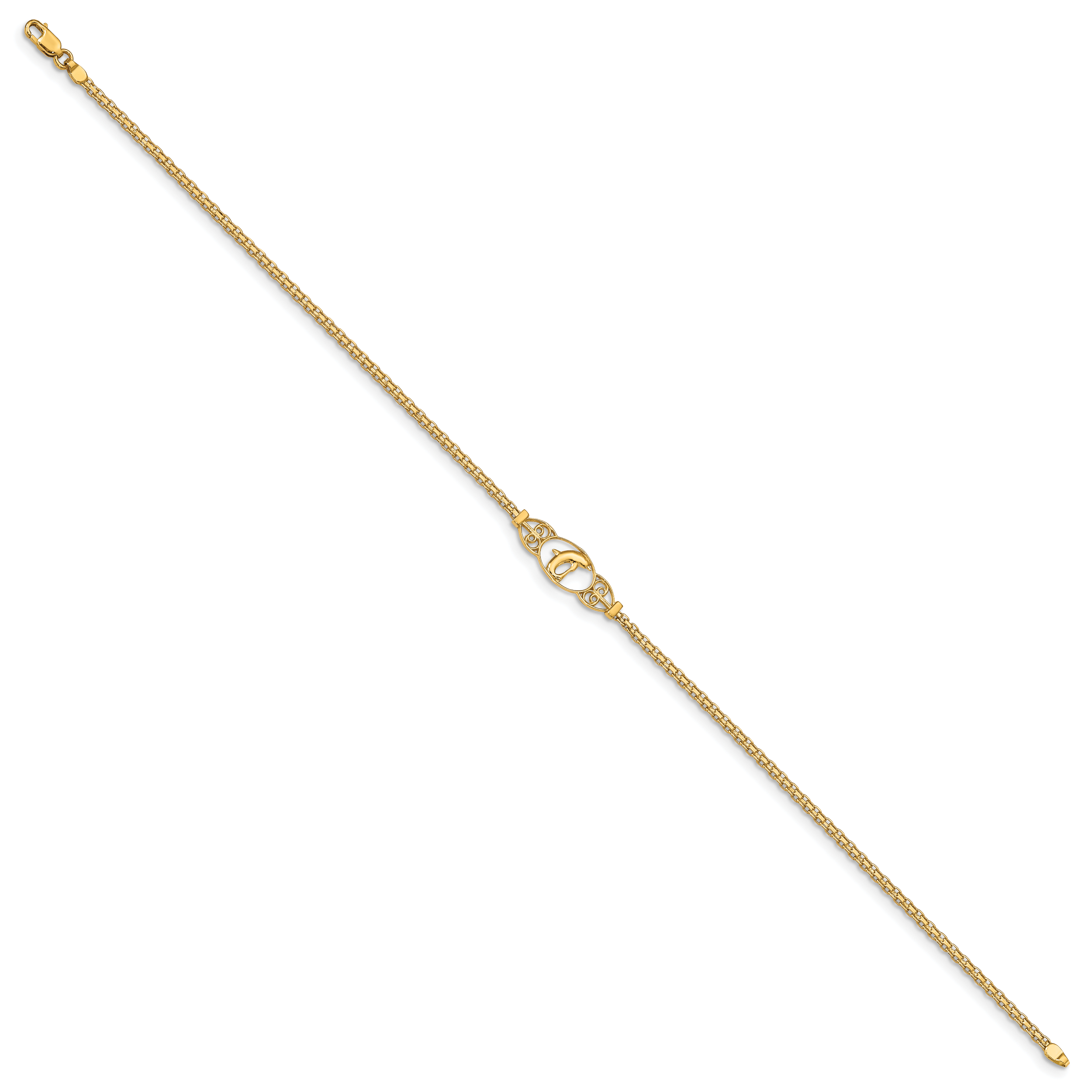 14k Polished Dolphin and Filigree Bismark Chain 10 inch Anklet ANK2