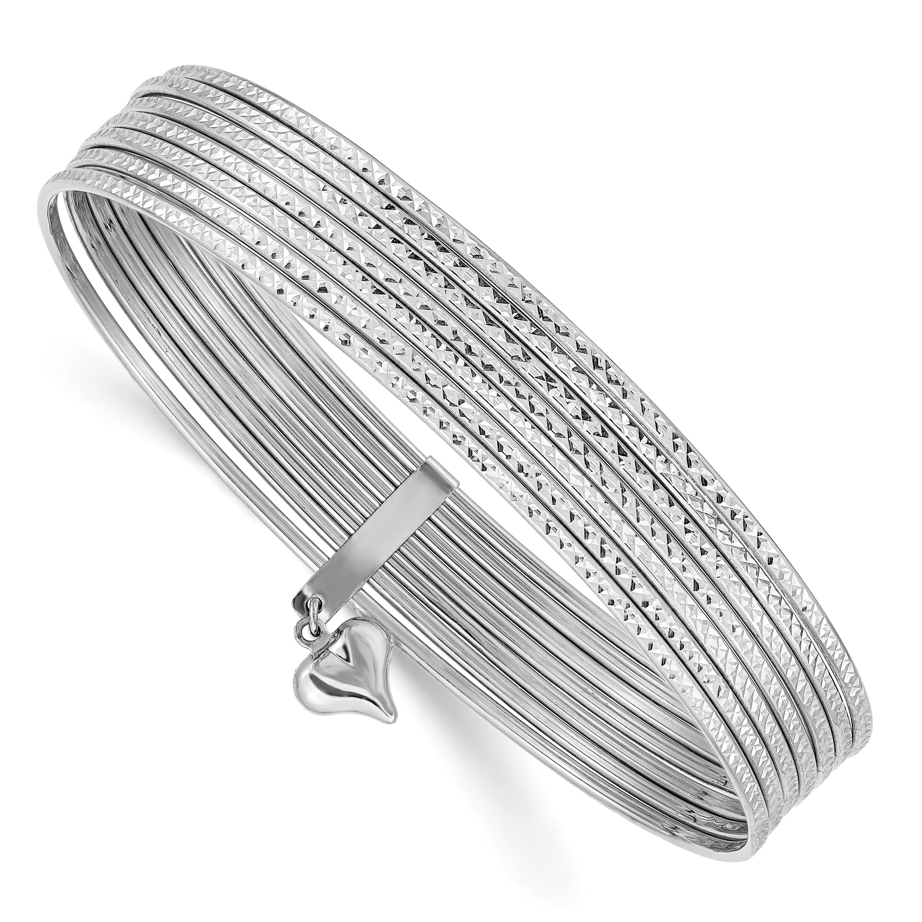 14K Oversize White Gold Polished and Textured with Dangle Heart 7-Strand 11.00mm Slip-on Round Bangle Bracelet DB535O