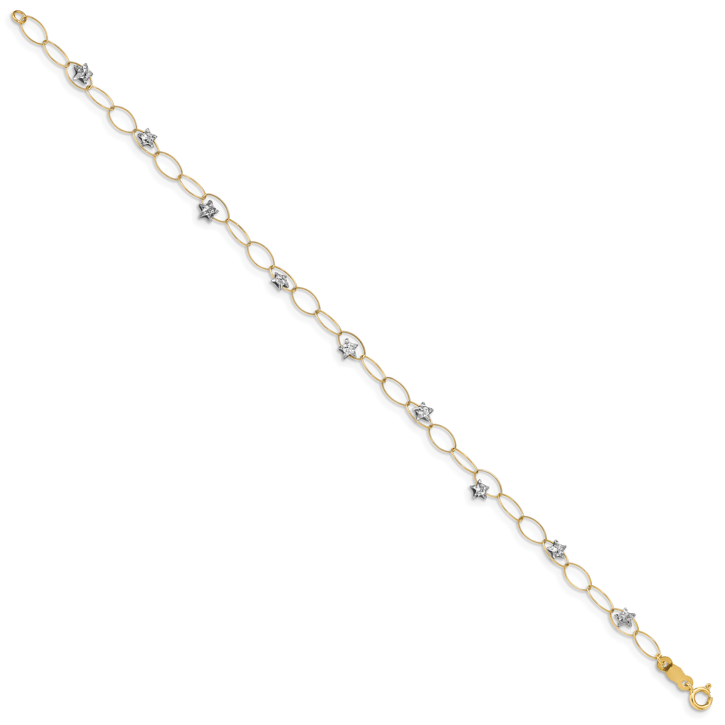 14k Two-tone Diamond-cut Puffed Stars and Oval Link 7.25 inch Bracelet FB1322