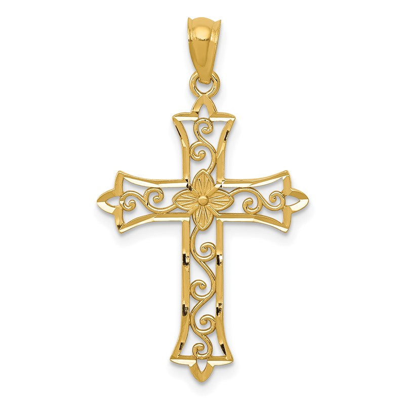14k Diamond-cut Flower Center Scrolled Cross Pendant C4510