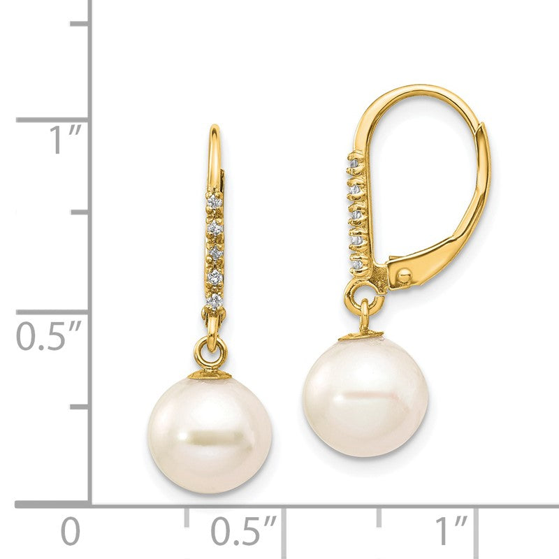 14k 8-9mm White Round Freshwater Cultured Pearl and .05 Carat Diamond Dangle Leverback Earrings XF649E