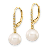 14k 8-9mm White Round Freshwater Cultured Pearl and .05 Carat Diamond Dangle Leverback Earrings XF649E