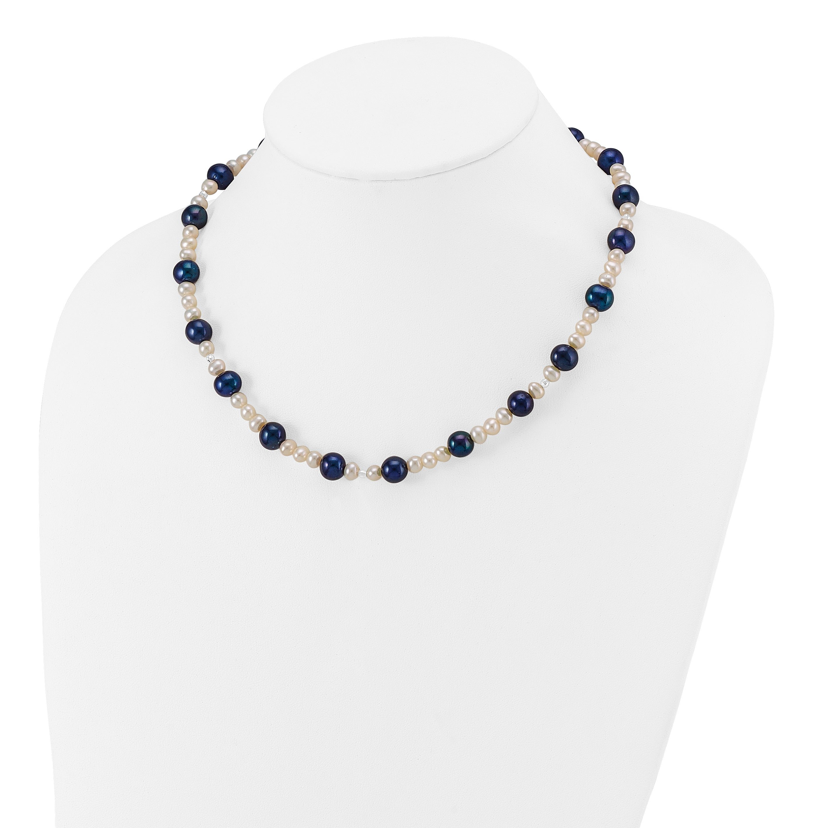 14k White Gold Black and White Semi-Round Freshwater Cultured and Mirror Bead 18 inch Necklace XF437