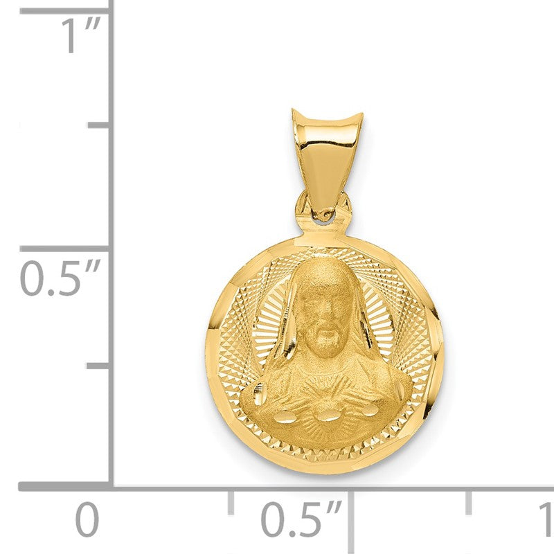 14K Polished Diamond-cut Solid Sagrado Corazon de Jesus Round Pendant K5594