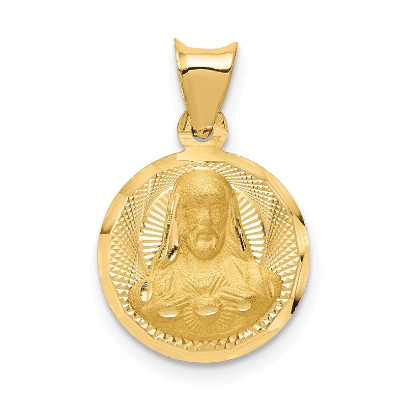 14K Polished Diamond-cut Solid Sagrado Corazon de Jesus Round Pendant K5594