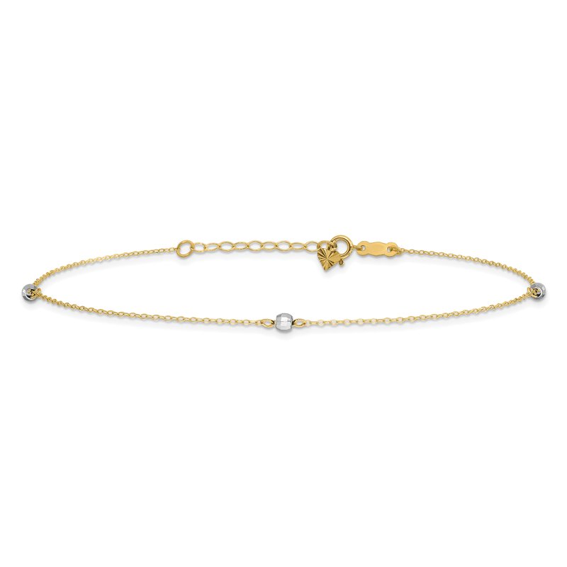14k Two-tone Mirror Beads 3-Station 9 inch Plus 1 inch Extender - Total 10 inch Anklet ANK185