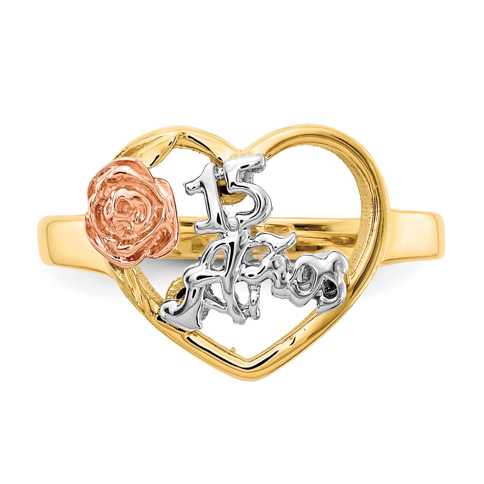 14k Tri-Color Quinceanera 15 ANOS in Heart with Flower Ring K642