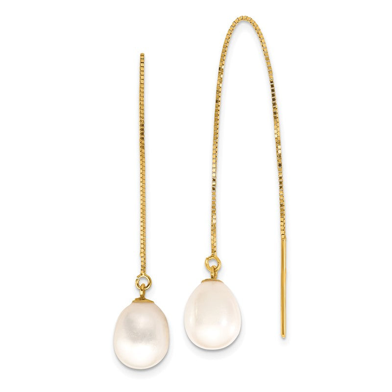 14k 7-8mm White Teardrop Freshwater Cultured Pearl Box Chain Threader Earrings XF713E
