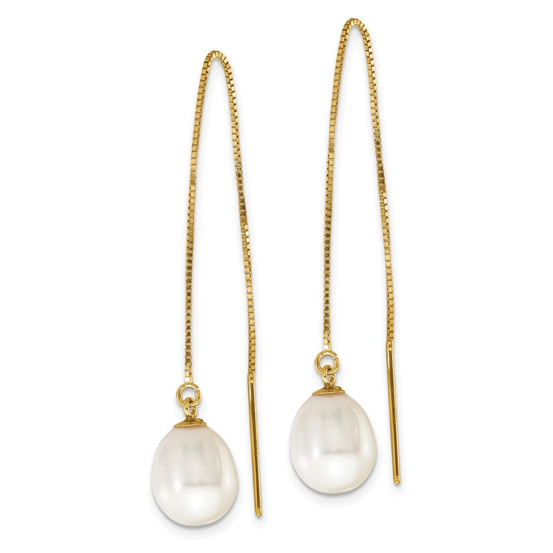 14k 7-8mm White Teardrop Freshwater Cultured Pearl Box Chain Threader Earrings XF713E