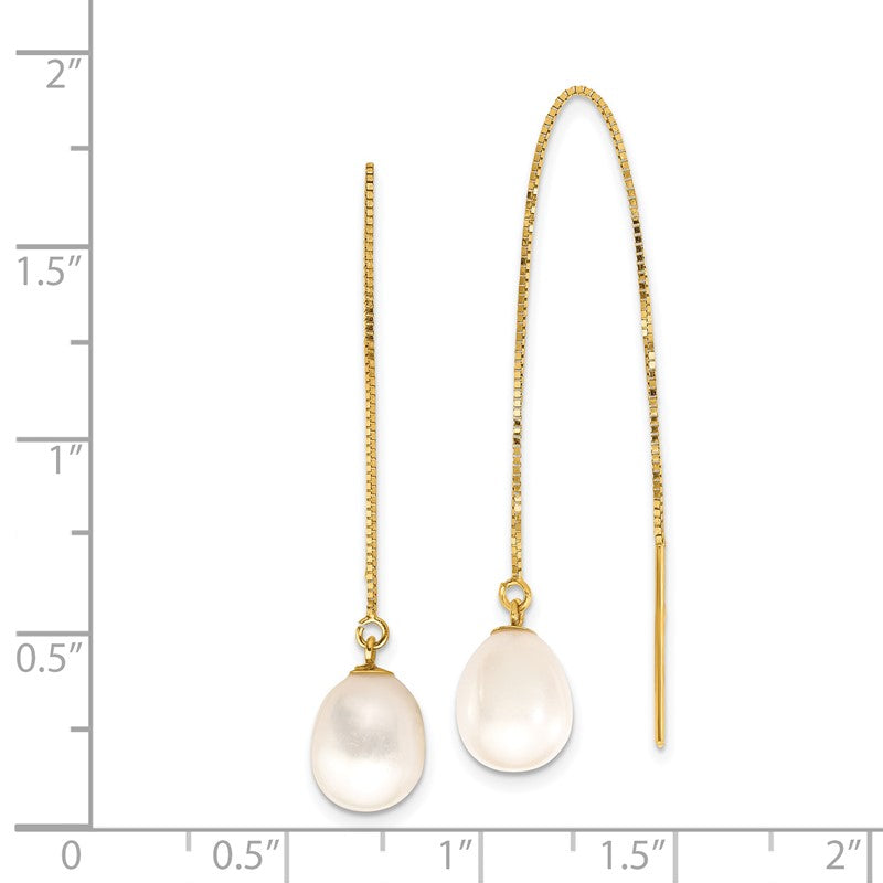14k 7-8mm White Teardrop Freshwater Cultured Pearl Box Chain Threader Earrings XF713E