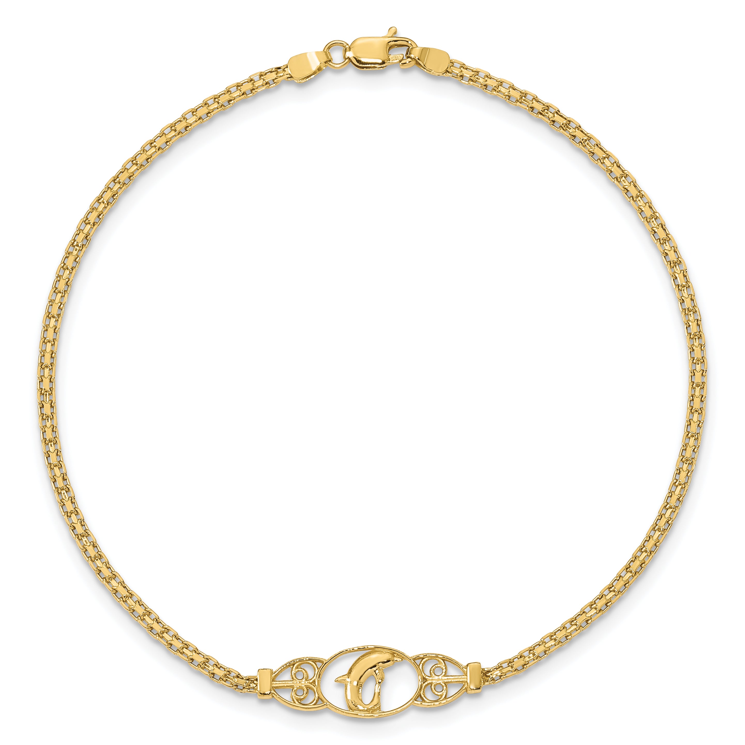 14k Polished Dolphin and Filigree Bismark Chain 10 inch Anklet ANK2