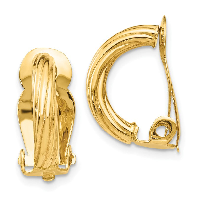 14k 3x16mm Ribbed Half Hoop Omega Back Non-Pierced Earrings Z915